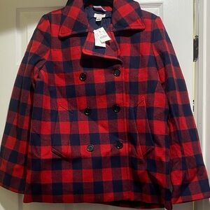 J. Crew womens Red and Navy Plaid Pea Coat sz 12 nwt